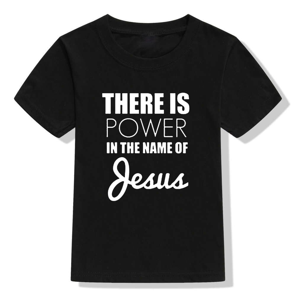 Image of True Radiant Treasures' There Is Power In The Name of Jesus Kid's T-Shirt made from 100% polyester. The comfortable and durable t-shirt is perfect for boys and girls alike, with a round neck and short sleeves. Let your child show their religious pride in style with this stylish t-shirt.