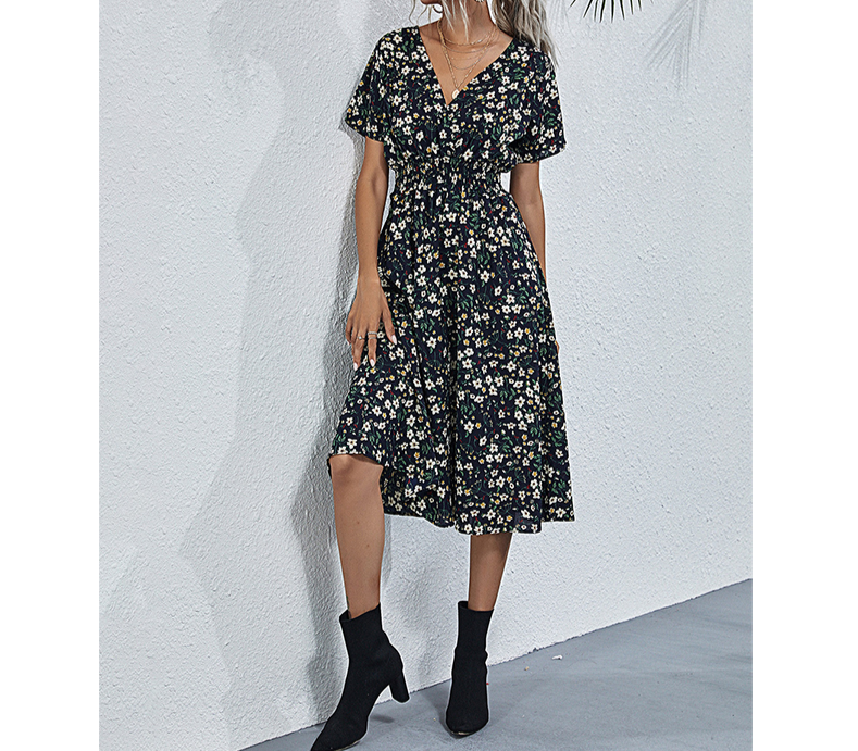 Floral v-neck chiffon dress - a perfect addition to your wardrobe with its bright floral print and A-line silhouette.