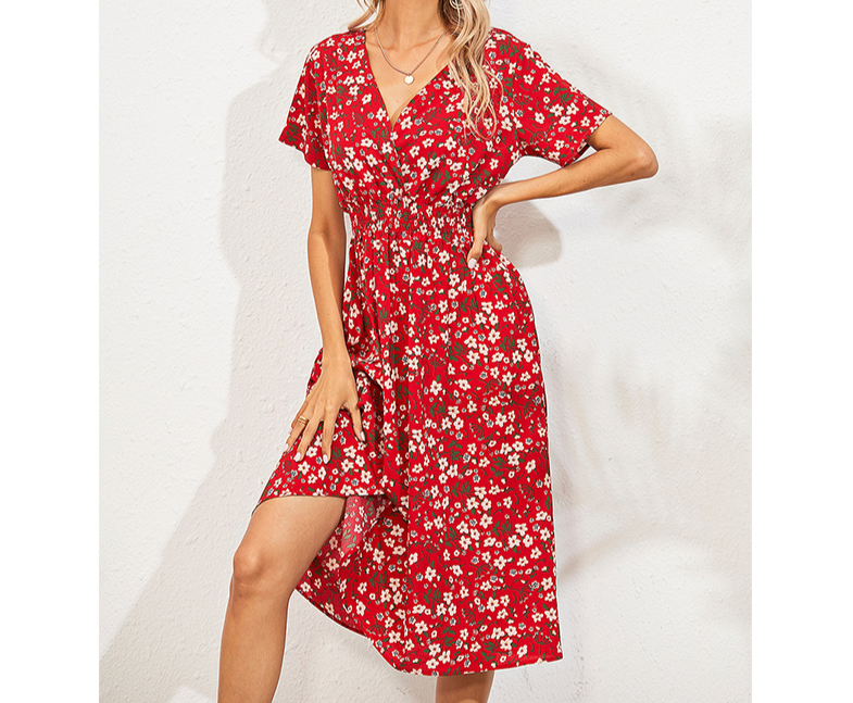 Floral v-neck chiffon dress - a perfect addition to your wardrobe with its bright floral print and A-line silhouette.