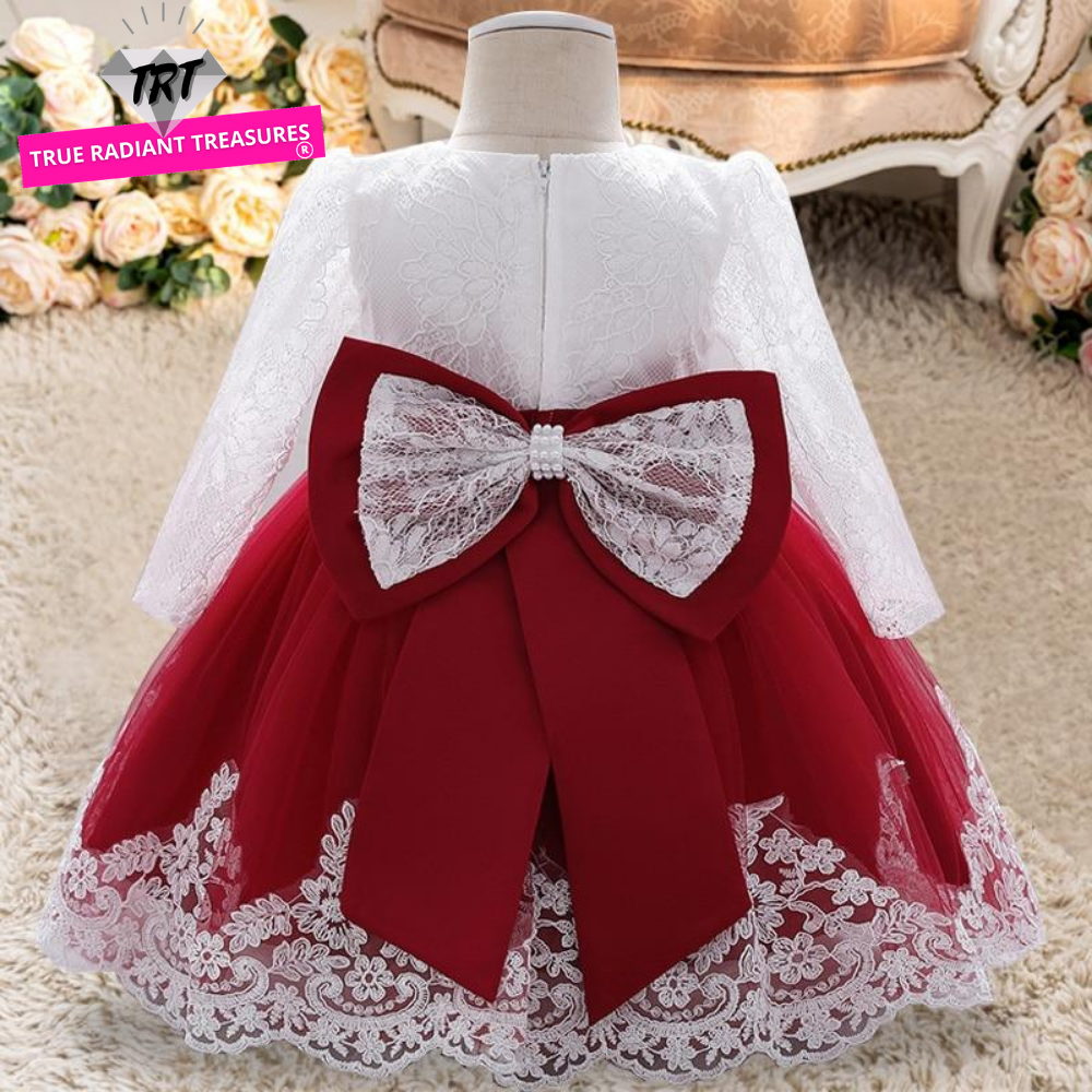 Flower Princess Dress - Adorable holiday dress with princess style, ribbons, and flowers, suitable for girls aged 0-6 months, 7-12 months, and 13-24 months.