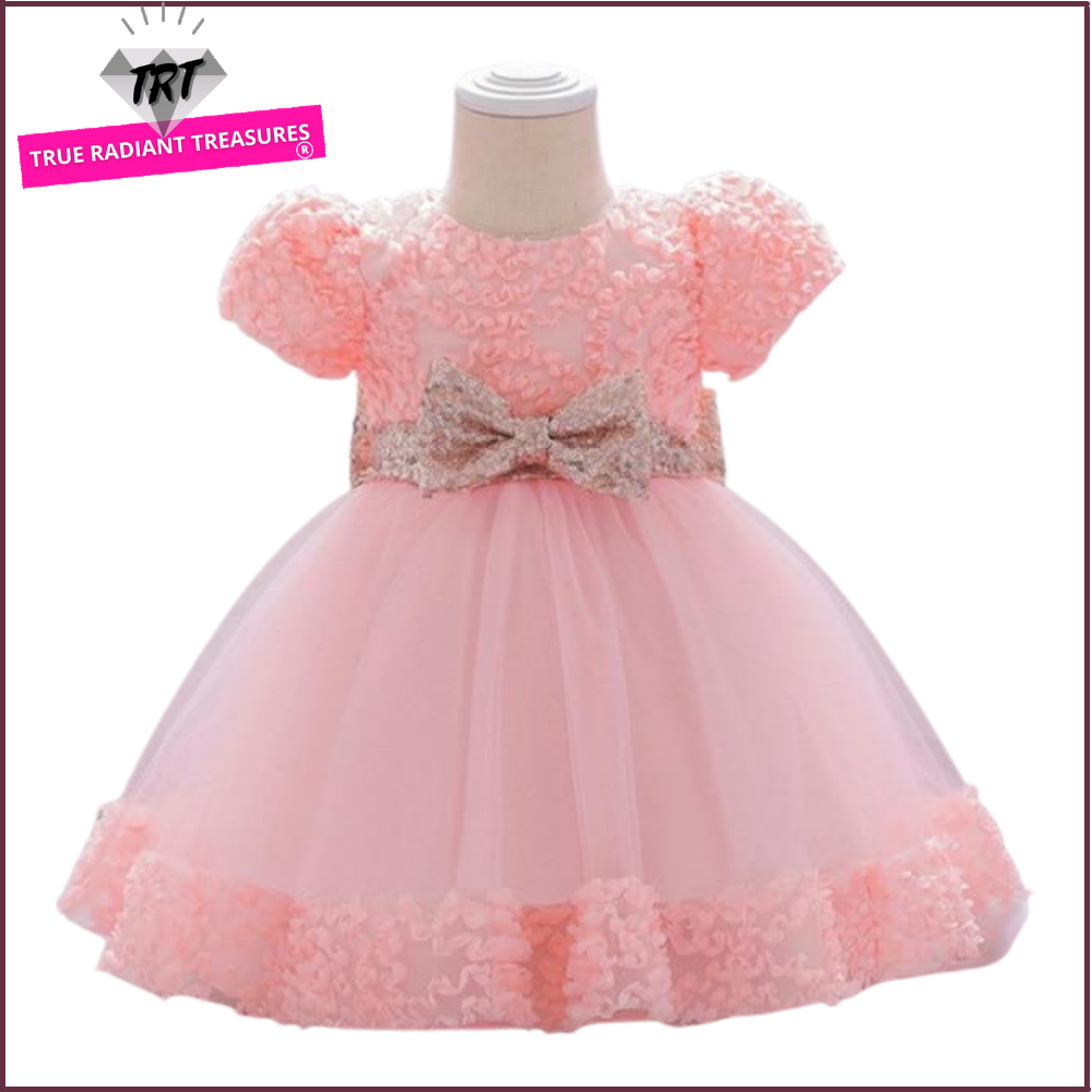 Flower Princess Dress - Adorable holiday dress with princess style, ribbons, and flowers, suitable for girls aged 0-6 months, 7-12 months, and 13-24 months.