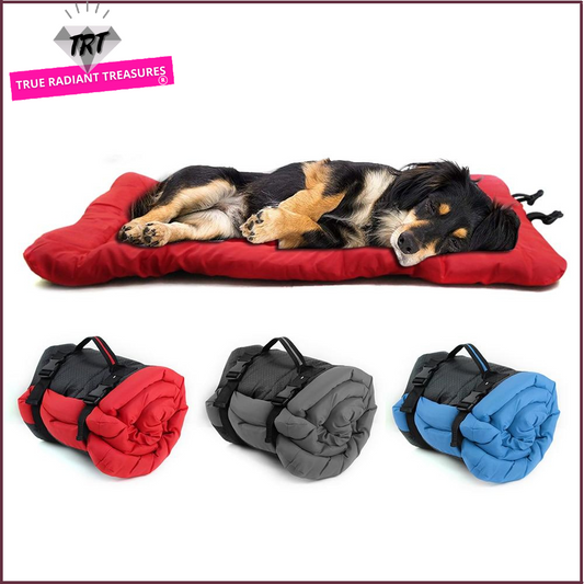 Image of Portable Waterproof Dog Bed - Travel-friendly and durable, ideal for camping, hiking, and road trips. Waterproof microtomic ripstop top with non-slip Rufftex bottom. Easily rolls up for storage with a handle for transport. Available in Medium (27" x 36" x 2") and Large (36" x 48" x 3") sizes. Weighs 2.2 pounds (Medium) and 3.7 pounds (Large). Hand wash or machine wash gentle cycle. Hang dry.