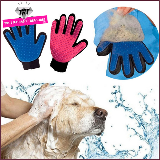 Image of Pet Grooming Gloves - Comfortable, adjustable velcro wrist strap, breathable mesh lining, lightweight and washable design. Easy removal of loose hair for calm and happy pets.