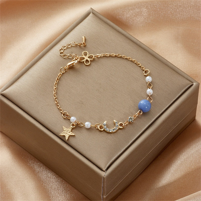 Cute and trendy crystal pearl chain bracelet for girls who love fashion.
