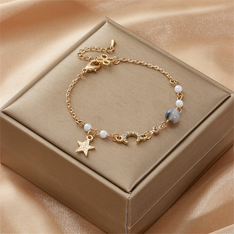 Cute and trendy crystal pearl chain bracelet for girls who love fashion.