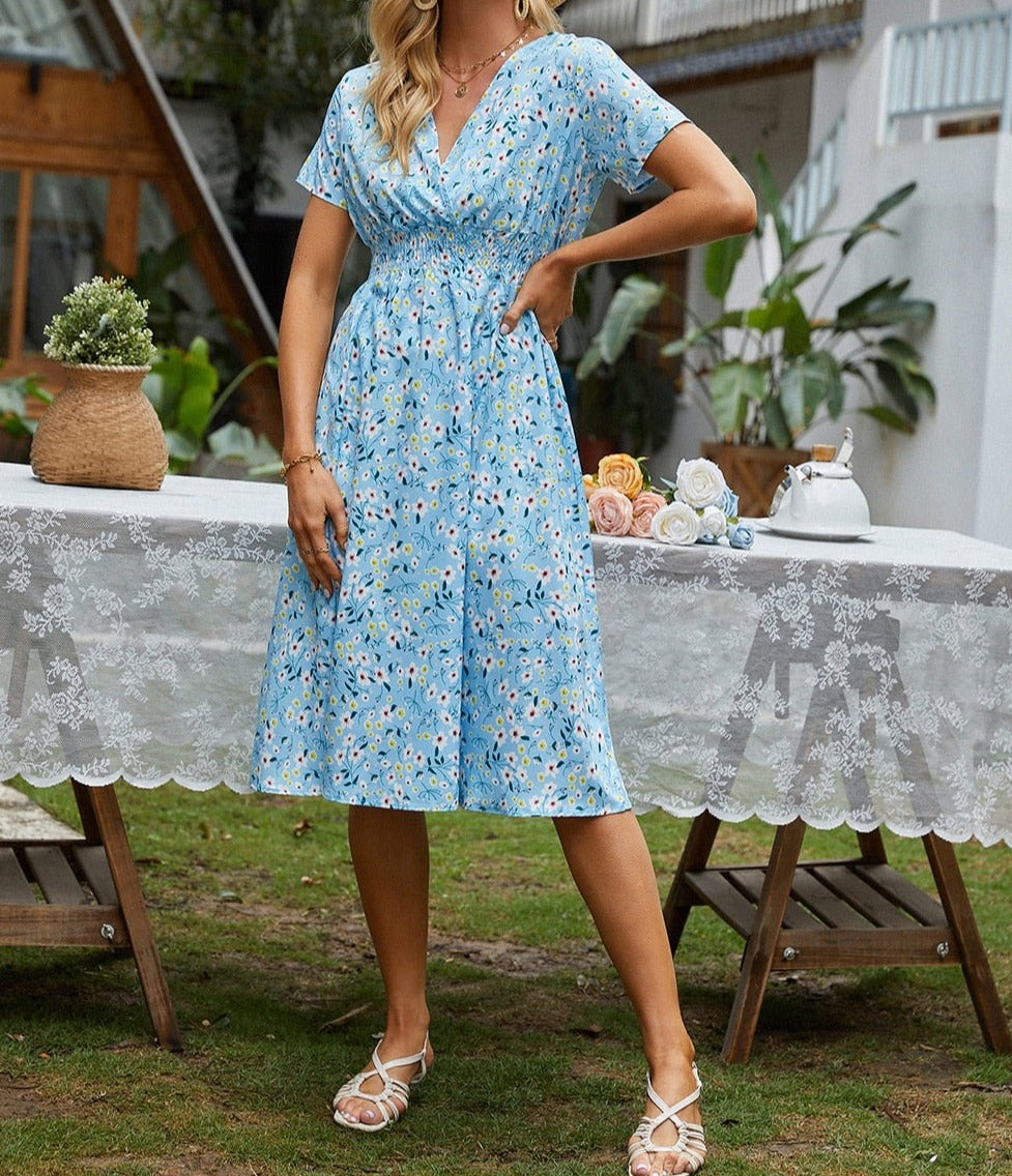 Floral v-neck chiffon dress - a perfect addition to your wardrobe with its bright floral print and A-line silhouette.