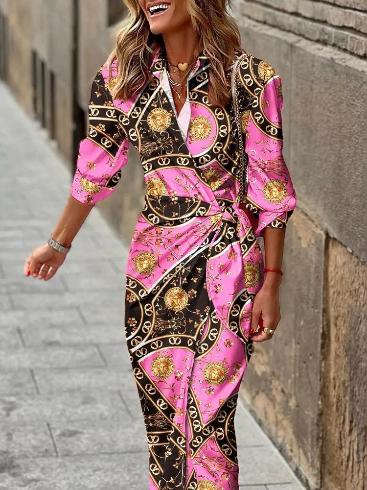 Stunning spring v-neck dress with ankle-length design, vibrant colors, and comfortable polyester-acetate fabric for a versatile and fashionable look.