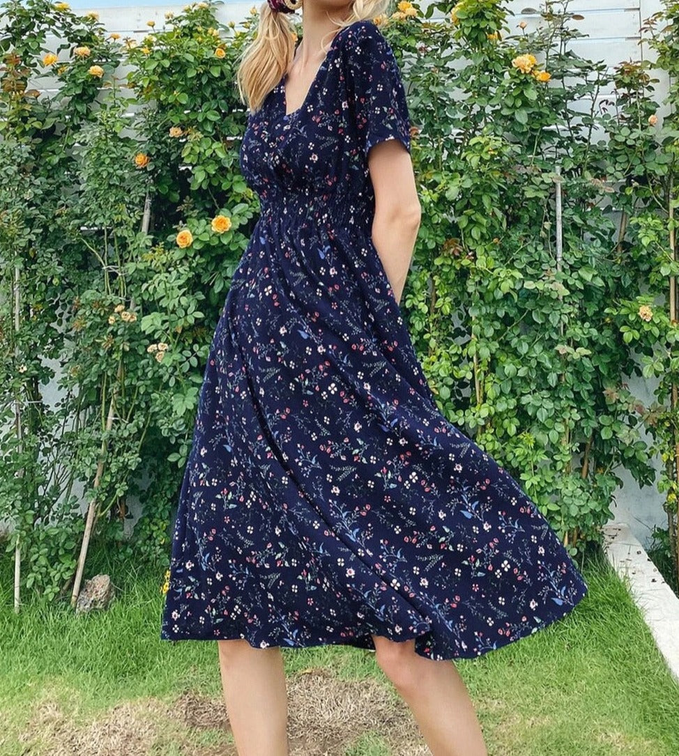 Floral v-neck chiffon dress - a perfect addition to your wardrobe with its bright floral print and A-line silhouette.
