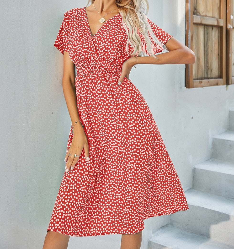 Floral v-neck chiffon dress - a perfect addition to your wardrobe with its bright floral print and A-line silhouette.