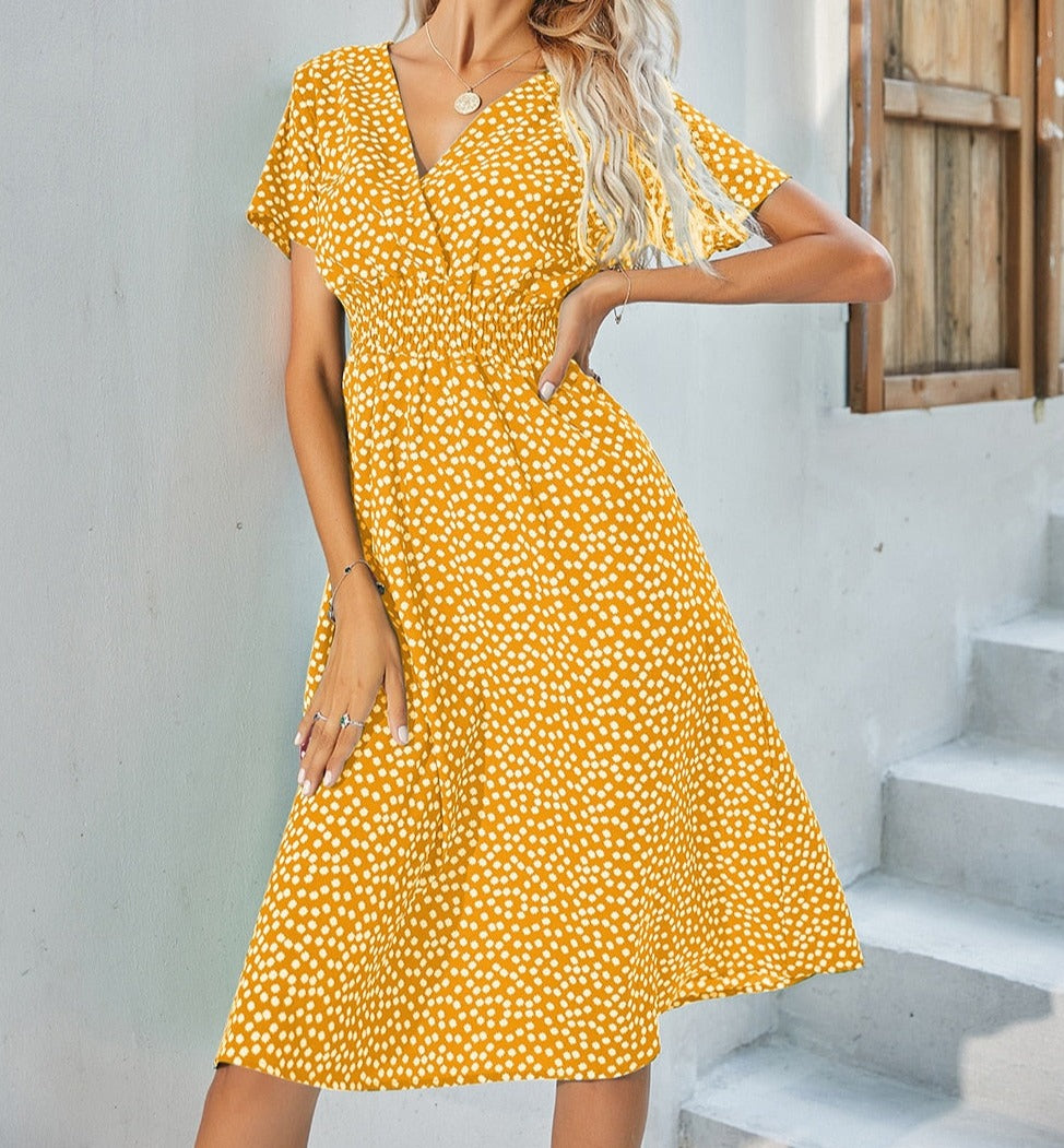 Floral v-neck chiffon dress - a perfect addition to your wardrobe with its bright floral print and A-line silhouette.