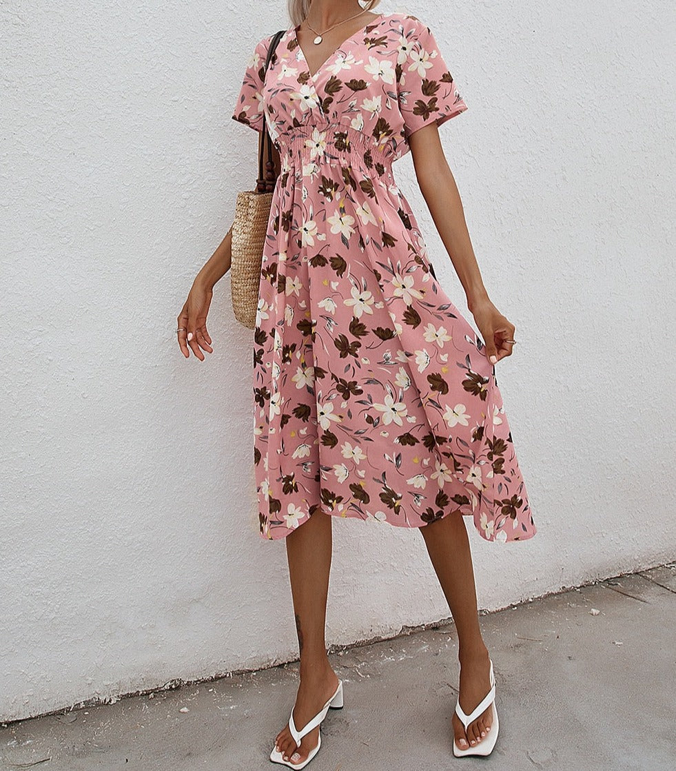 Floral v-neck chiffon dress - a perfect addition to your wardrobe with its bright floral print and A-line silhouette.