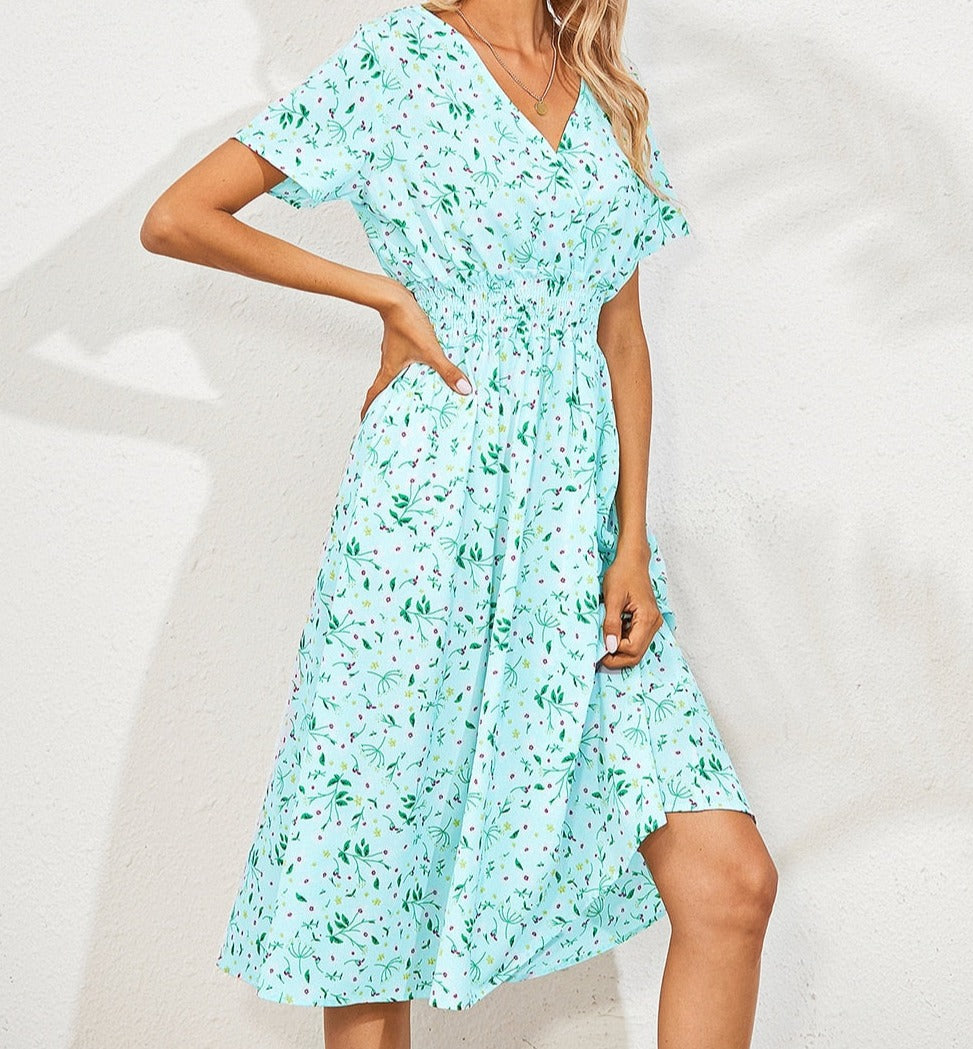 Floral v-neck chiffon dress - a perfect addition to your wardrobe with its bright floral print and A-line silhouette.