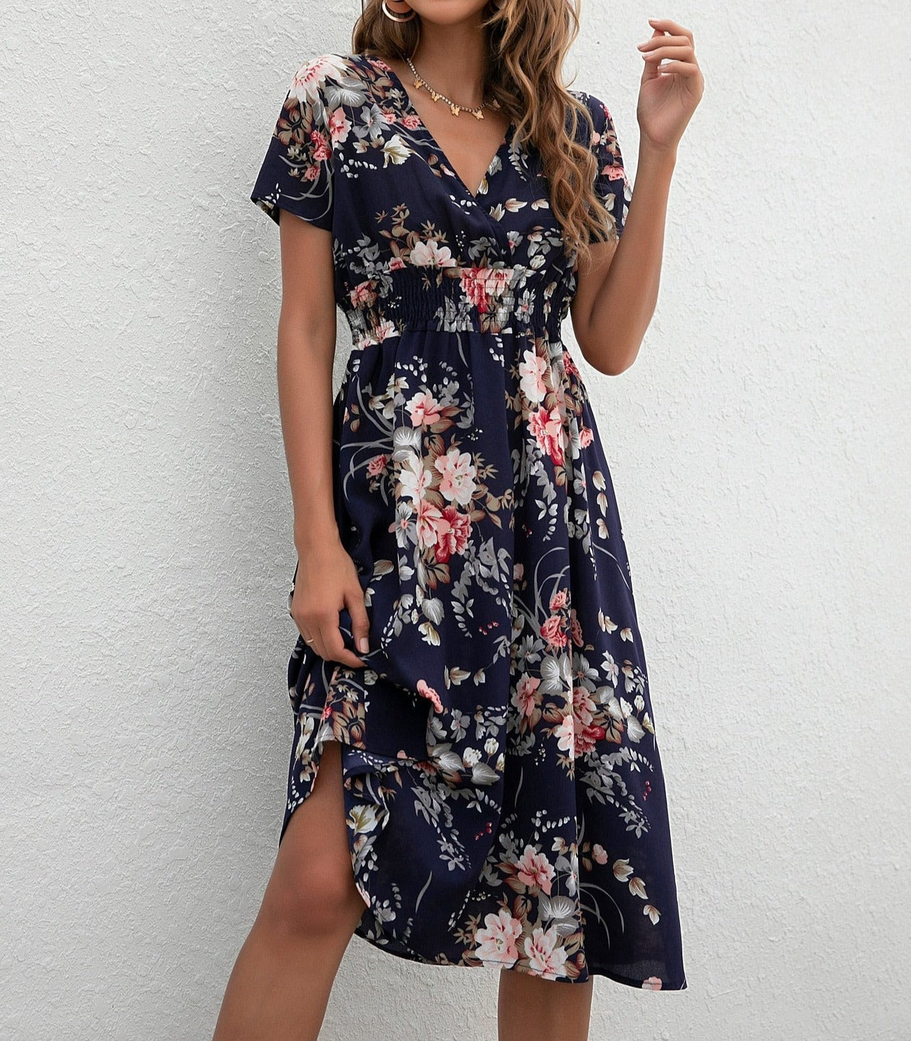 Floral v-neck chiffon dress - a perfect addition to your wardrobe with its bright floral print and A-line silhouette.