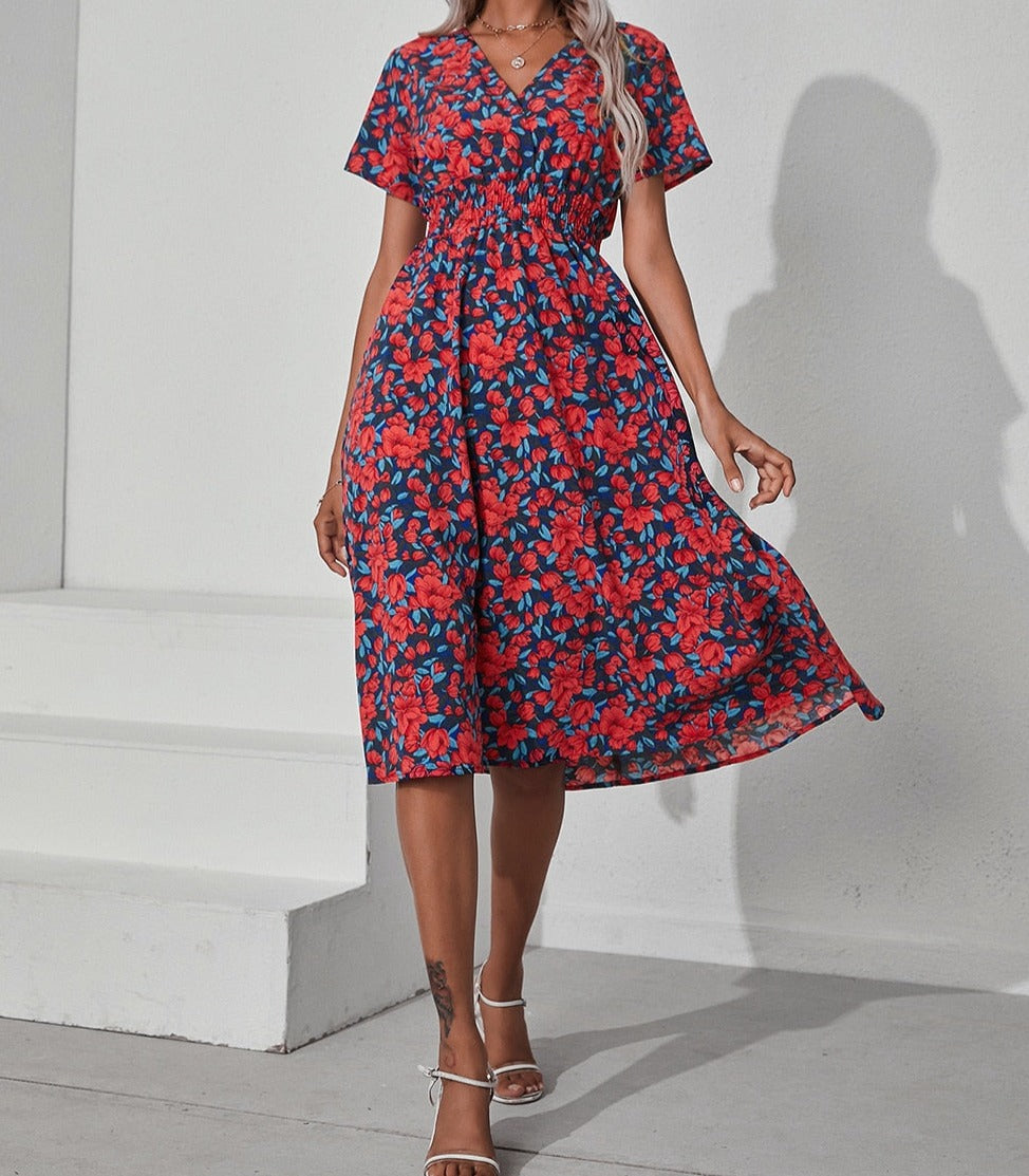 Floral v-neck chiffon dress - a perfect addition to your wardrobe with its bright floral print and A-line silhouette.