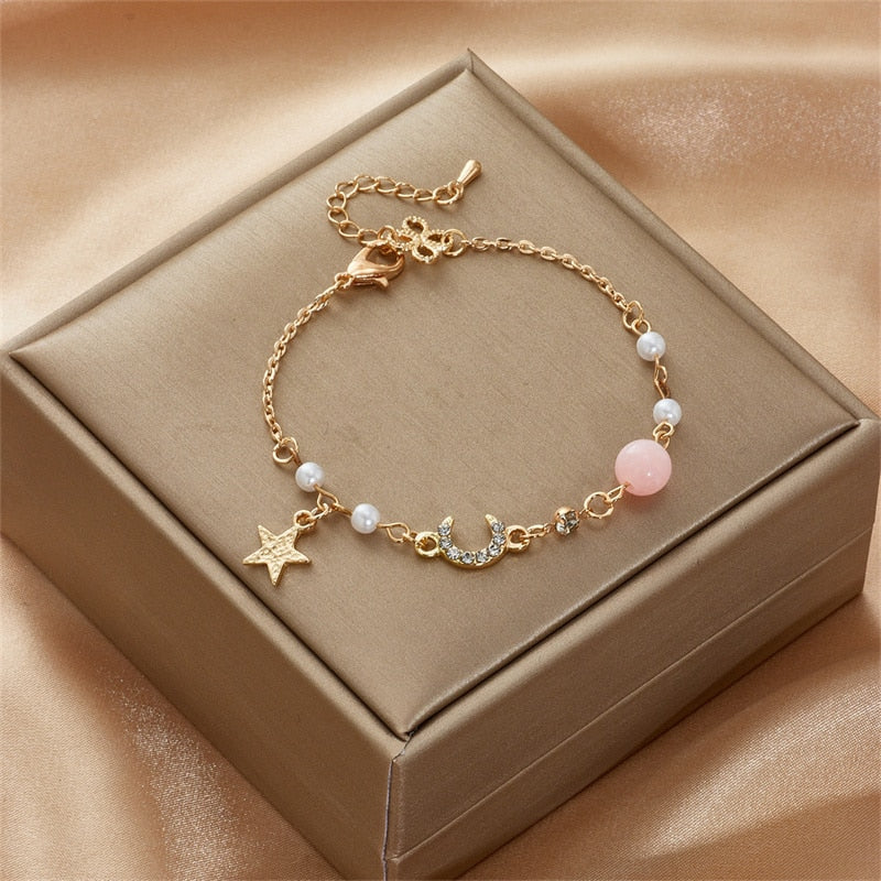 Cute and trendy crystal pearl chain bracelet for girls who love fashion.