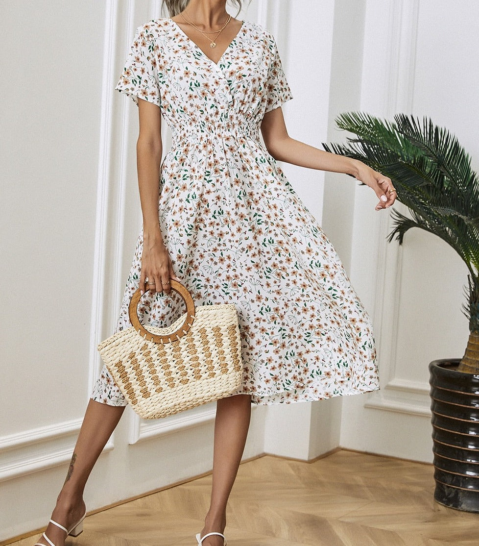 Floral v-neck chiffon dress - a perfect addition to your wardrobe with its bright floral print and A-line silhouette.