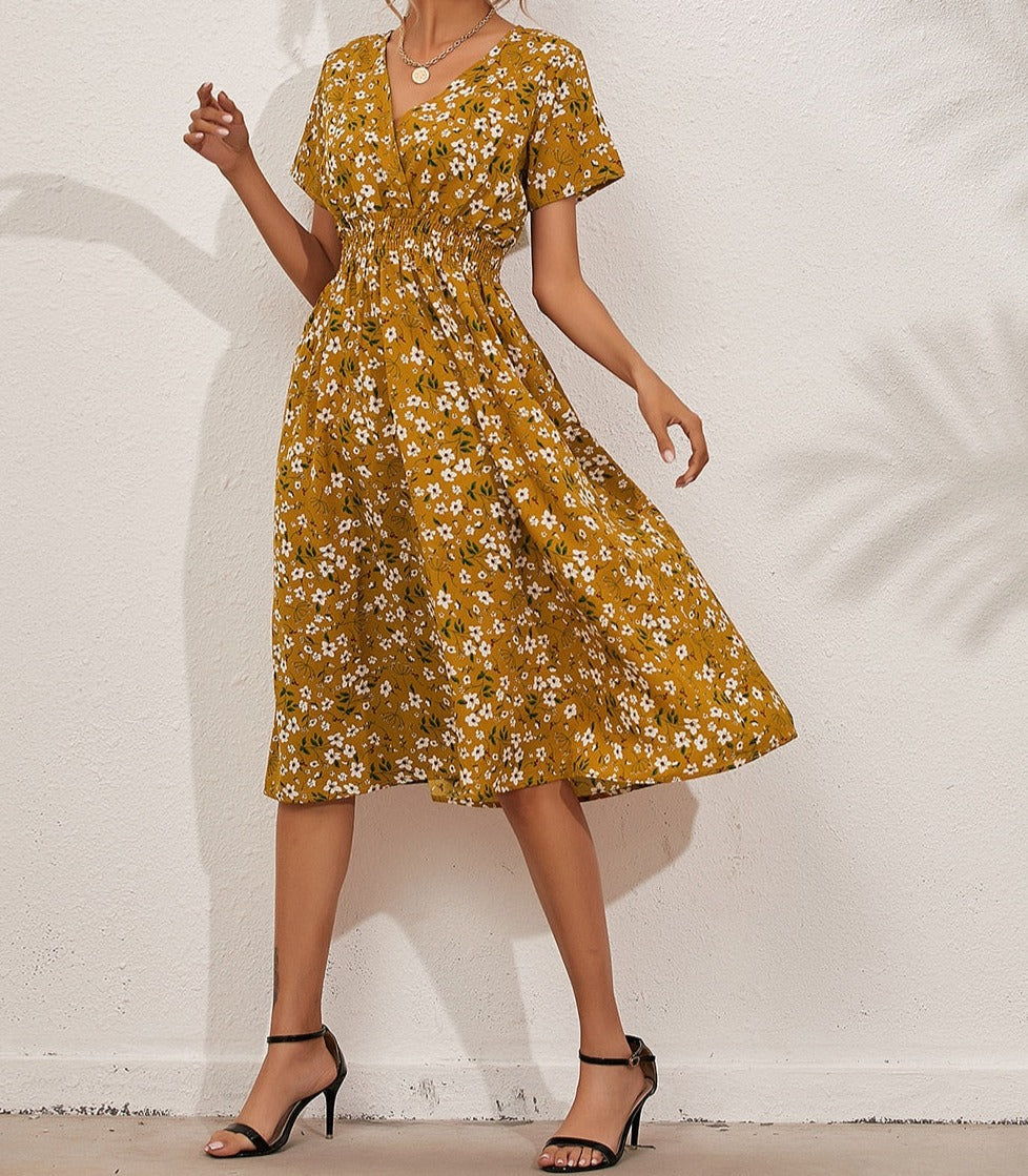 Floral v-neck chiffon dress - a perfect addition to your wardrobe with its bright floral print and A-line silhouette.