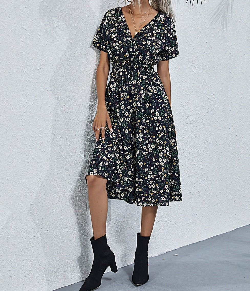 Floral v-neck chiffon dress - a perfect addition to your wardrobe with its bright floral print and A-line silhouette.