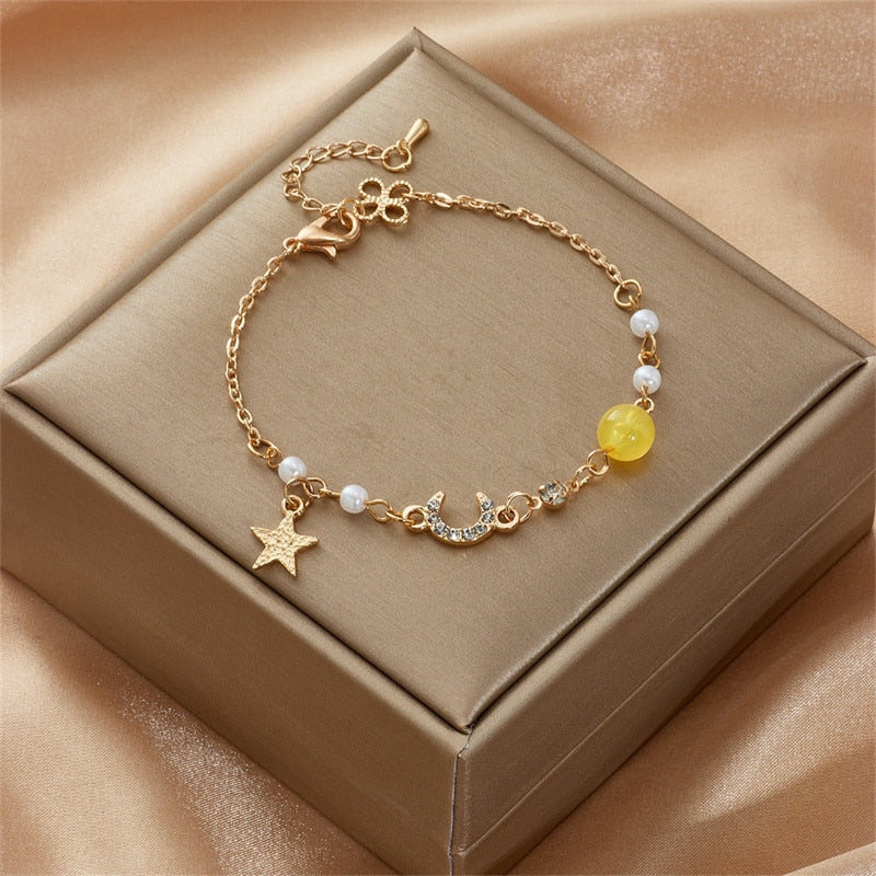 Cute and trendy crystal pearl chain bracelet for girls who love fashion.