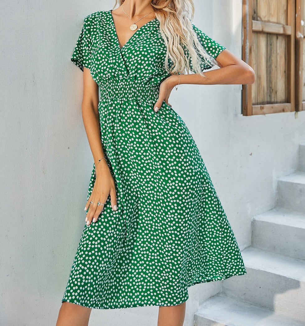 Floral v-neck chiffon dress - a perfect addition to your wardrobe with its bright floral print and A-line silhouette.