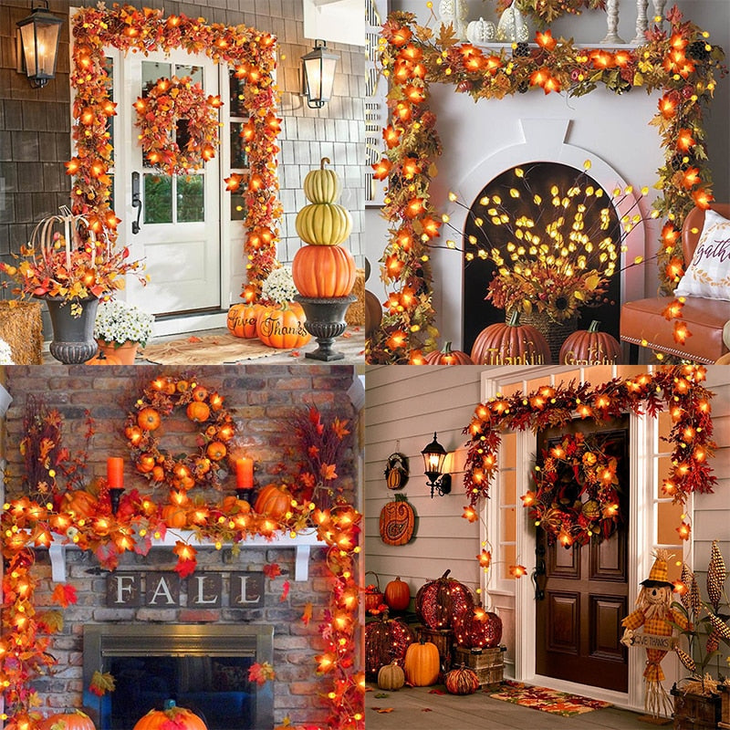 String Fall Garland with pretty leaves, ideal for Thanksgiving home decor, versatile for entryways, stairs, or table settings.