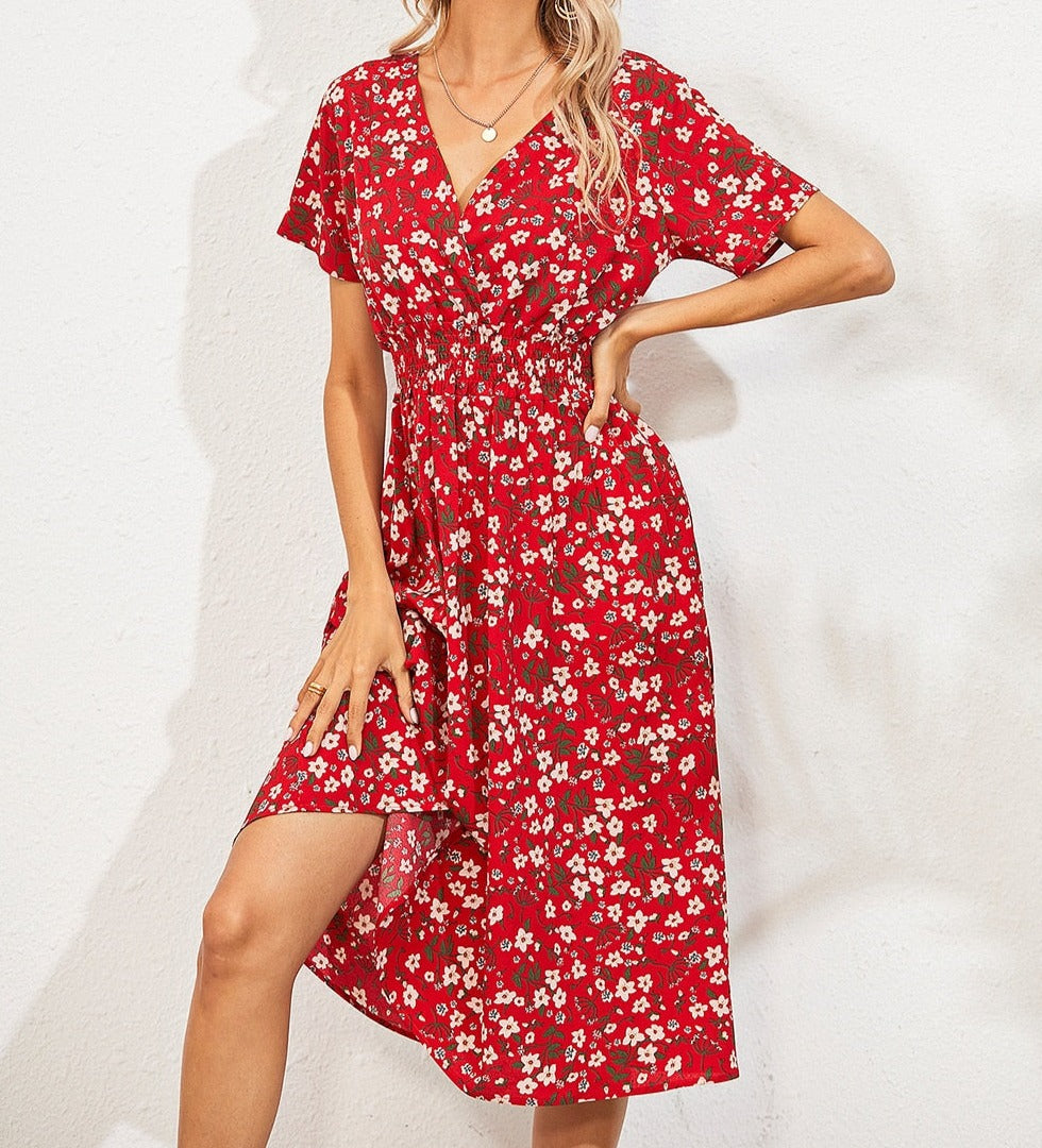 Floral v-neck chiffon dress - a perfect addition to your wardrobe with its bright floral print and A-line silhouette.