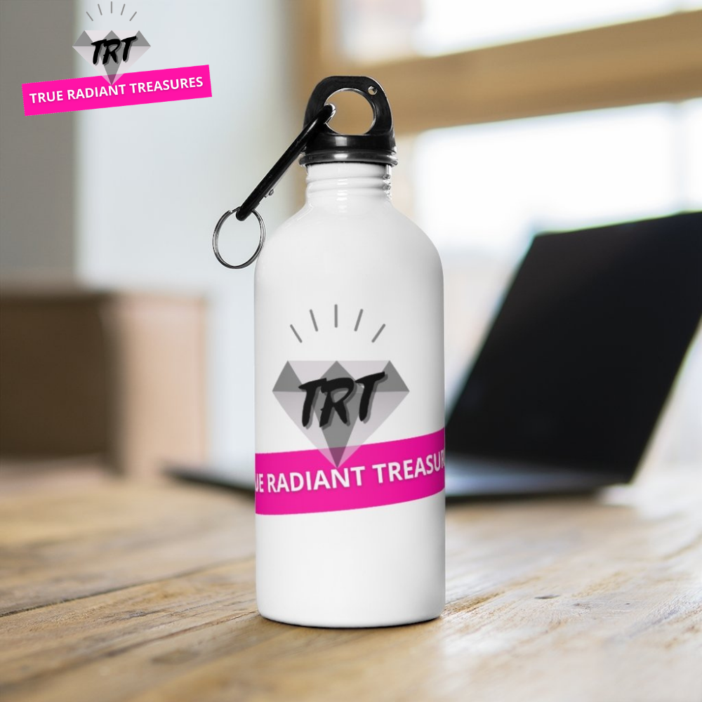 Stainless Steel Water Bottle - Lightweight, 14 oz capacity, plastic screw top, includes carabiner and keychain ring.