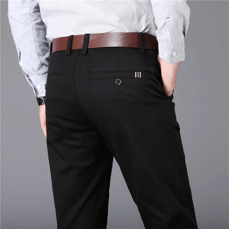 A pair of Straight Office Male Trousers in various colors, featuring a timeless classy design and an elastic waistband for comfort