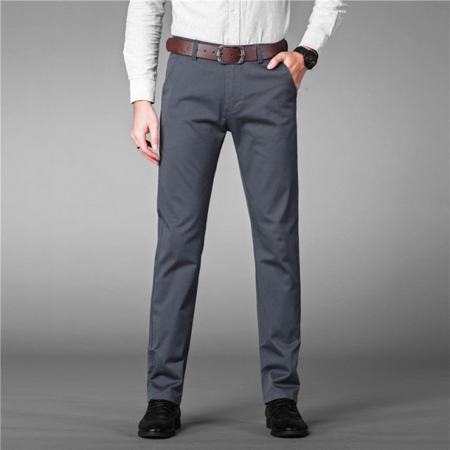 A pair of Straight Office Male Trousers in various colors, featuring a timeless classy design and an elastic waistband for comfort