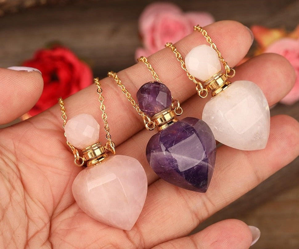 Heart-shaped Gold Silvery Necklace with treated rose quartz stone - A versatile and elegant accessory for women, promoting emotional bonding and desire.