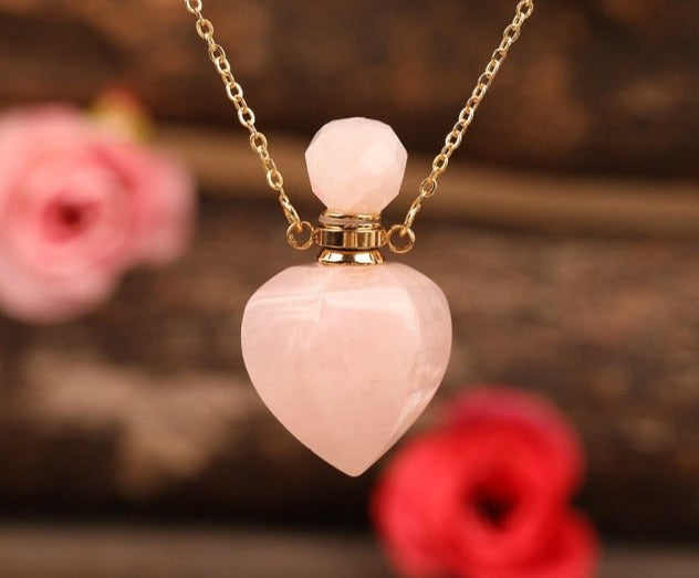 Heart-shaped Gold Silvery Necklace with treated rose quartz stone - A versatile and elegant accessory for women, promoting emotional bonding and desire.