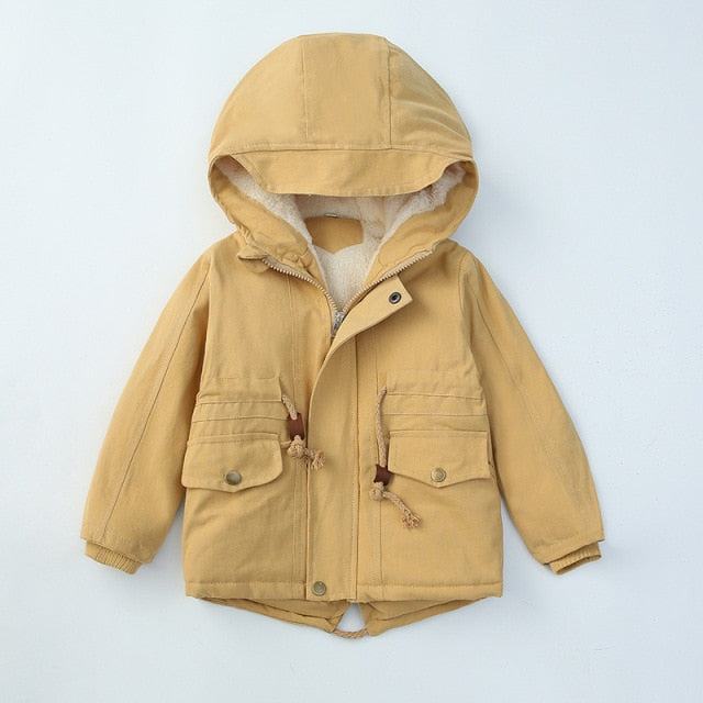 Thick Hooded Coat for Kids - Cotton, polyester, hooded, sizes 4 to 12 years, various variants.