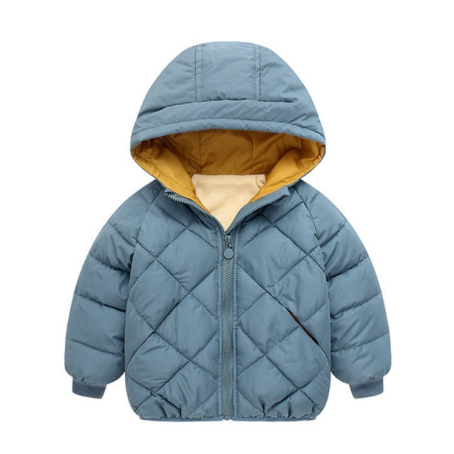 Thick Hooded Coat for Kids - Cotton, polyester, hooded, sizes 4 to 12 years, various variants.