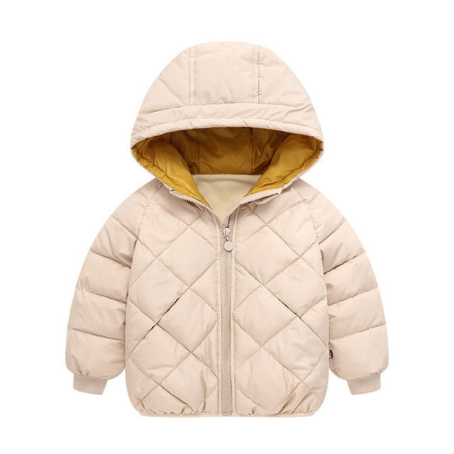 Thick Hooded Coat for Kids - Cotton, polyester, hooded, sizes 4 to 12 years, various variants.
