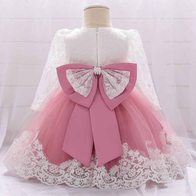 Flower Princess Dress - Adorable holiday dress with princess style, ribbons, and flowers, suitable for girls aged 0-6 months, 7-12 months, and 13-24 months.