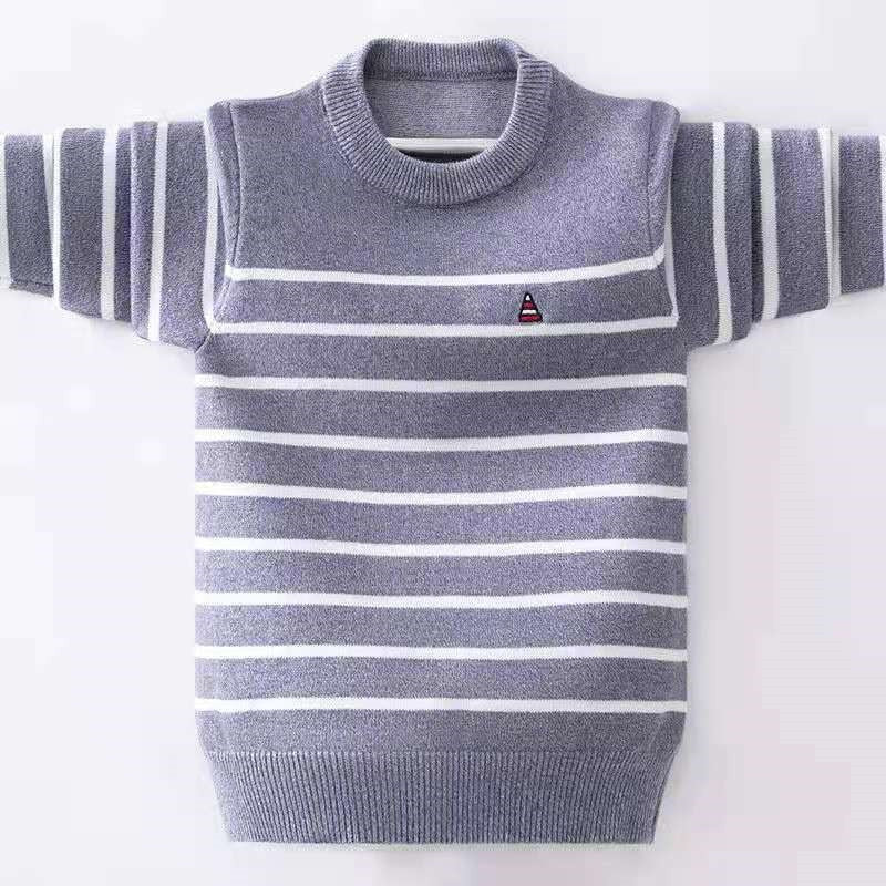 Boys' Striped Knitted Sweater - Classic design in breathable cotton fabric, perfect for boys aged 25-36 months, 4-6 years, 7-12 years, and 12 years and above. Available in gray, navy blue, and white, ensuring warmth and style for winter.