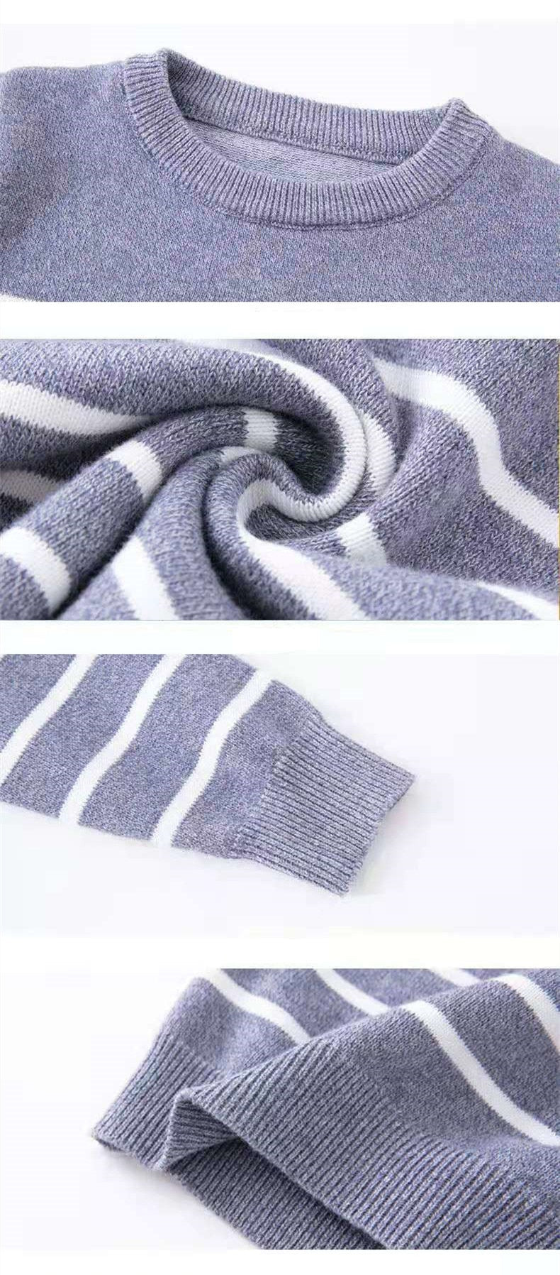 Boys' Striped Knitted Sweater - Classic design in breathable cotton fabric, perfect for boys aged 25-36 months, 4-6 years, 7-12 years, and 12 years and above. Available in gray, navy blue, and white, ensuring warmth and style for winter.
