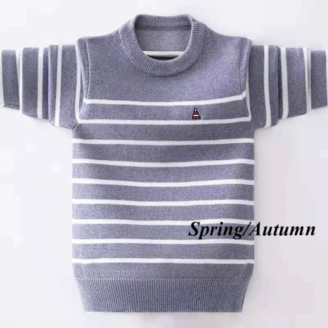 Boys' Striped Knitted Sweater - Classic design in breathable cotton fabric, perfect for boys aged 25-36 months, 4-6 years, 7-12 years, and 12 years and above. Available in gray, navy blue, and white, ensuring warmth and style for winter.