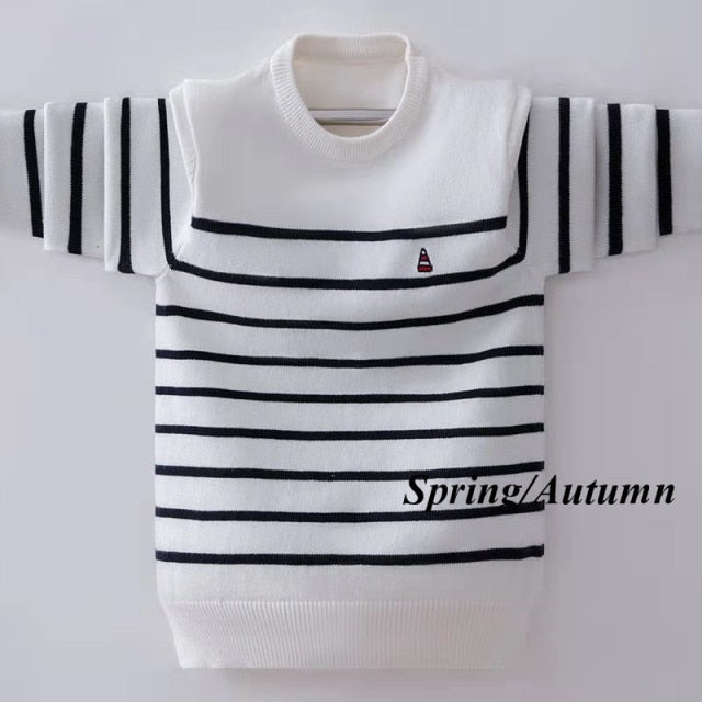 Boys' Striped Knitted Sweater - Classic design in breathable cotton fabric, perfect for boys aged 25-36 months, 4-6 years, 7-12 years, and 12 years and above. Available in gray, navy blue, and white, ensuring warmth and style for winter.