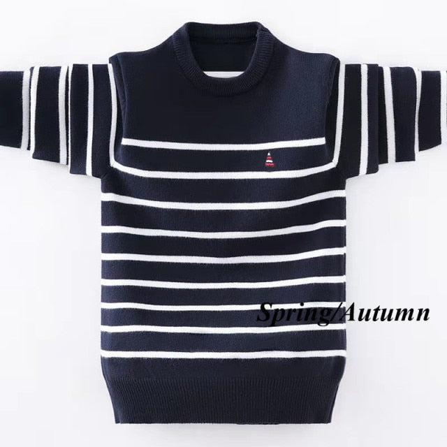 Boys' Striped Knitted Sweater - Classic design in breathable cotton fabric, perfect for boys aged 25-36 months, 4-6 years, 7-12 years, and 12 years and above. Available in gray, navy blue, and white, ensuring warmth and style for winter.