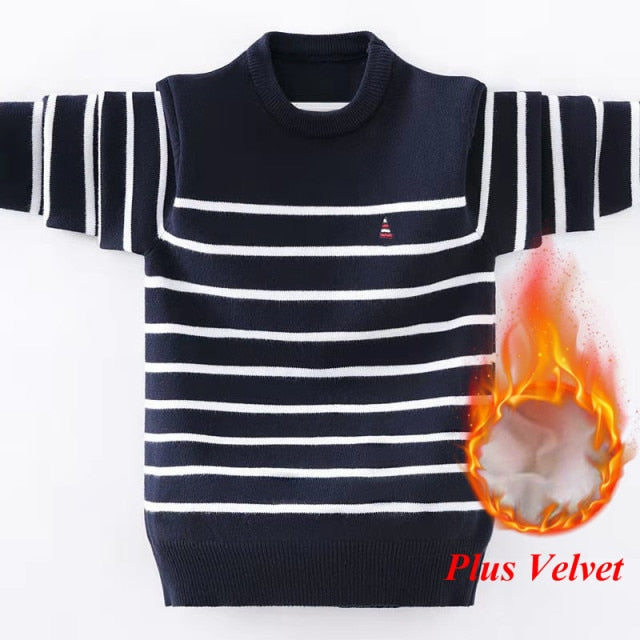 Boys' Striped Knitted Sweater - Classic design in breathable cotton fabric, perfect for boys aged 25-36 months, 4-6 years, 7-12 years, and 12 years and above. Available in gray, navy blue, and white, ensuring warmth and style for winter.
