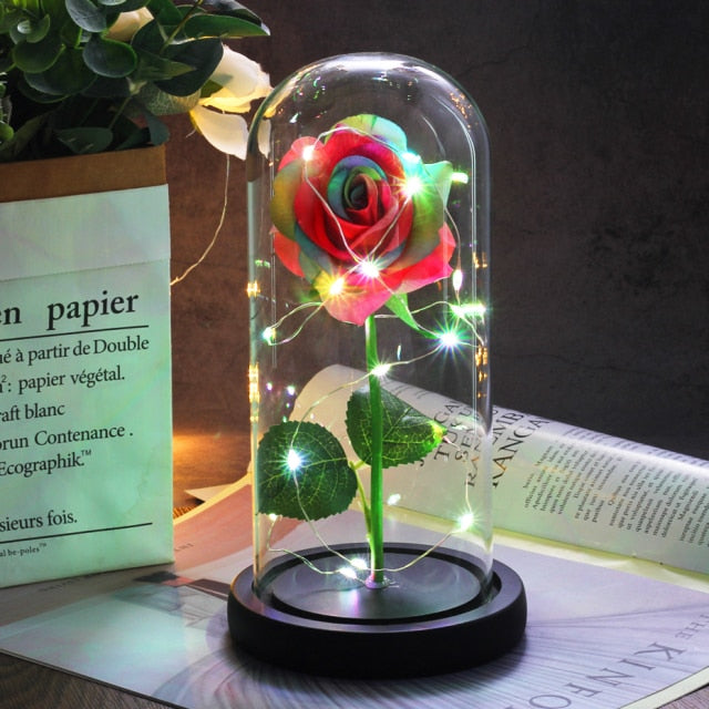 Glass art "Bud in Bloom" rose with up-lit LEDs - A perfect romantic gift for Valentine's, engagements, anniversaries, birthdays, or holidays.