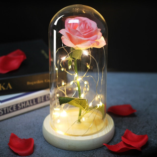 Glass art "Bud in Bloom" rose with up-lit LEDs - A perfect romantic gift for Valentine's, engagements, anniversaries, birthdays, or holidays.