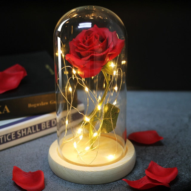Glass art "Bud in Bloom" rose with up-lit LEDs - A perfect romantic gift for Valentine's, engagements, anniversaries, birthdays, or holidays.