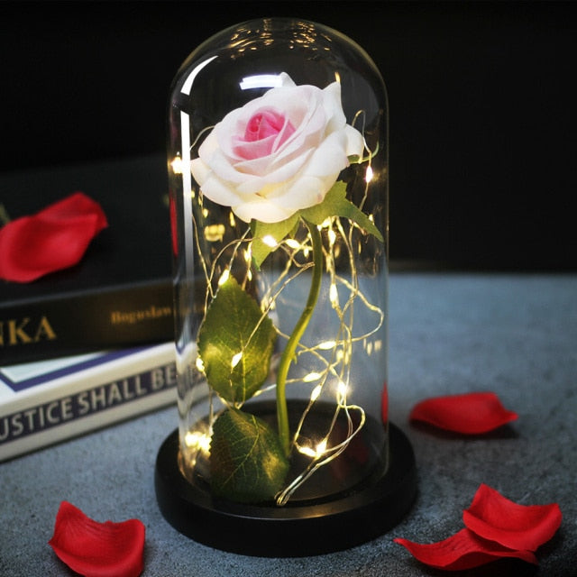 Glass art "Bud in Bloom" rose with up-lit LEDs - A perfect romantic gift for Valentine's, engagements, anniversaries, birthdays, or holidays.