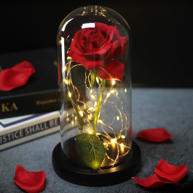 Glass art "Bud in Bloom" rose with up-lit LEDs - A perfect romantic gift for Valentine's, engagements, anniversaries, birthdays, or holidays.