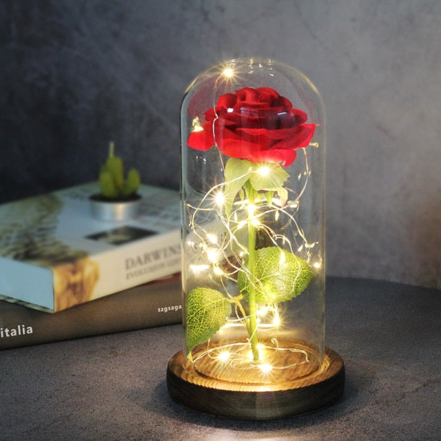 Glass art "Bud in Bloom" rose with up-lit LEDs - A perfect romantic gift for Valentine's, engagements, anniversaries, birthdays, or holidays.
