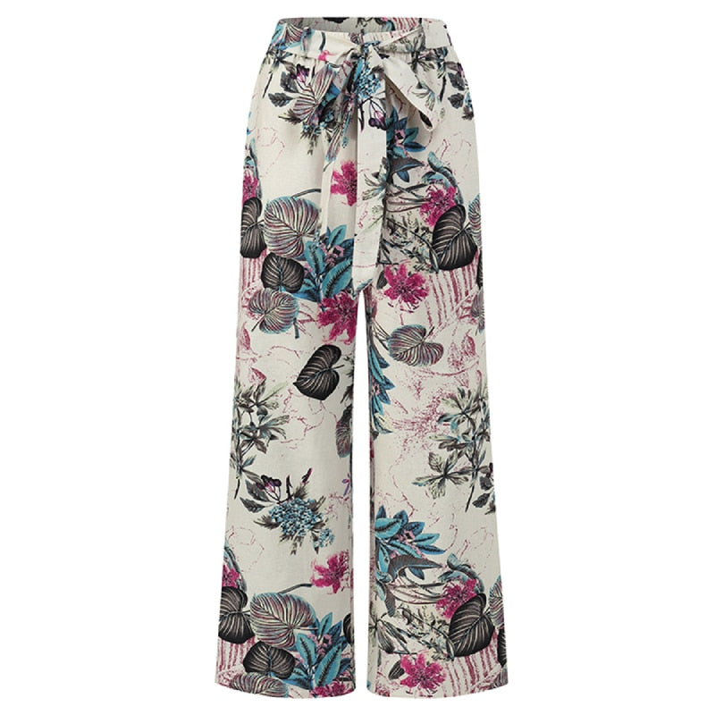 Women's Spring Long Pants with floral print and wide-leg cut, designed for comfort and style.