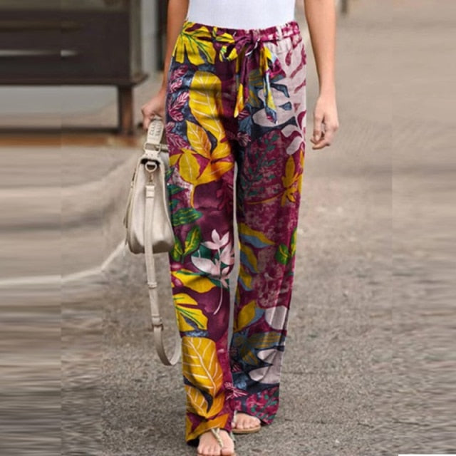 Women's Spring Long Pants with floral print and wide-leg cut, designed for comfort and style.