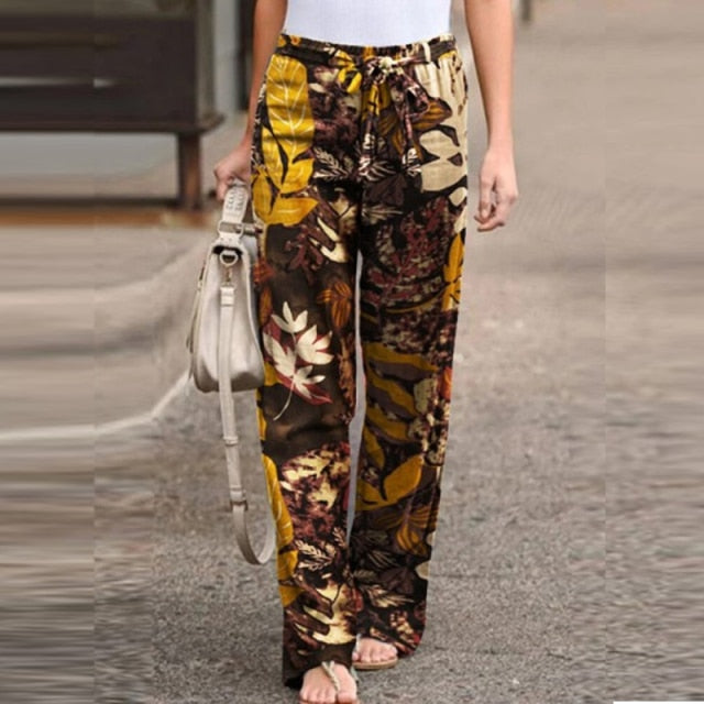 Women's Spring Long Pants with floral print and wide-leg cut, designed for comfort and style.